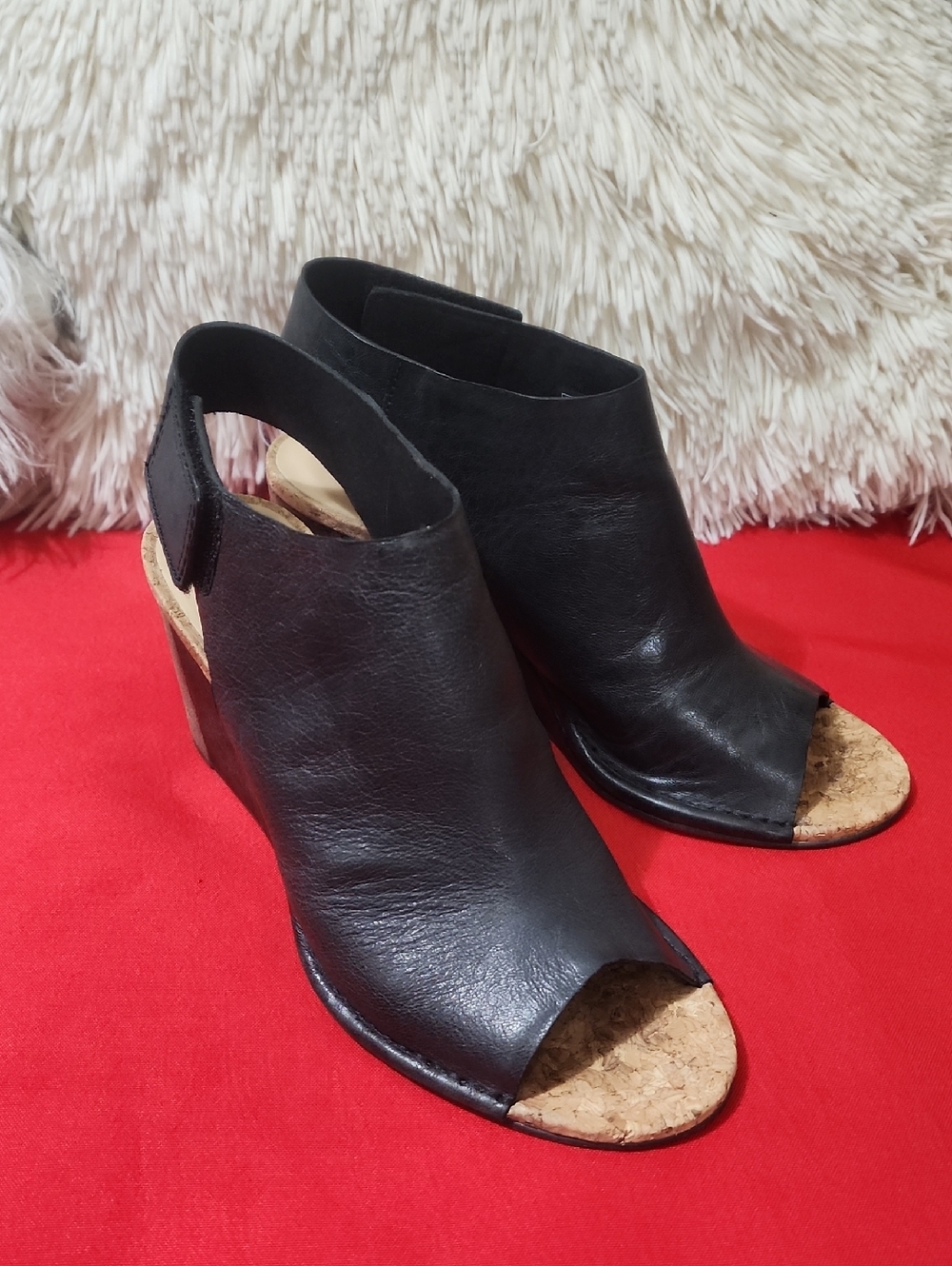 Clarks Cork Wedge Sandals Women Black Leather Peep Toe Ankle Strap - Picture 2 of 10